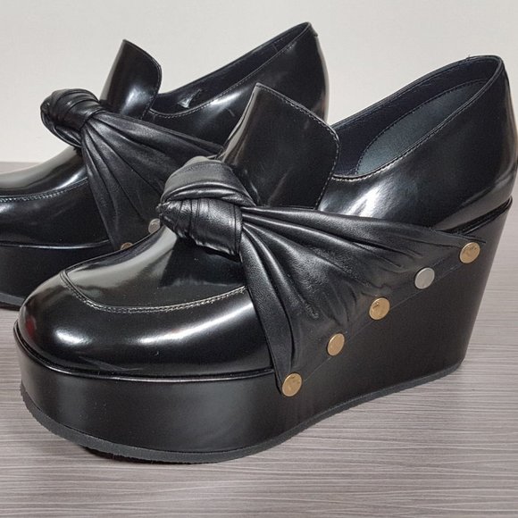 Celine Phoebe Phile Black Leather Bow Wedge Platform Shoe Womens Size 5.5 / 35.5 - Picture 1 of 8